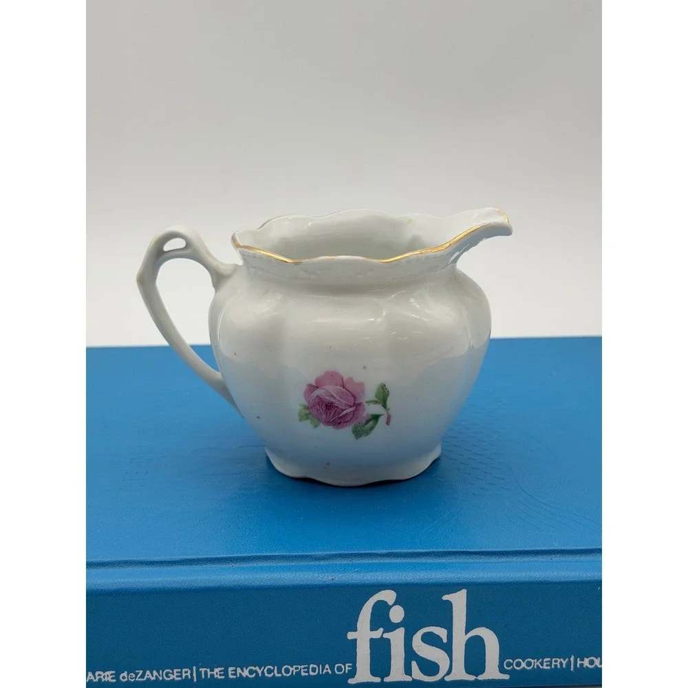 Vintage Germany Porcelain Creamer Pitcher Pink Rose Floral Gold Trim Scalloped